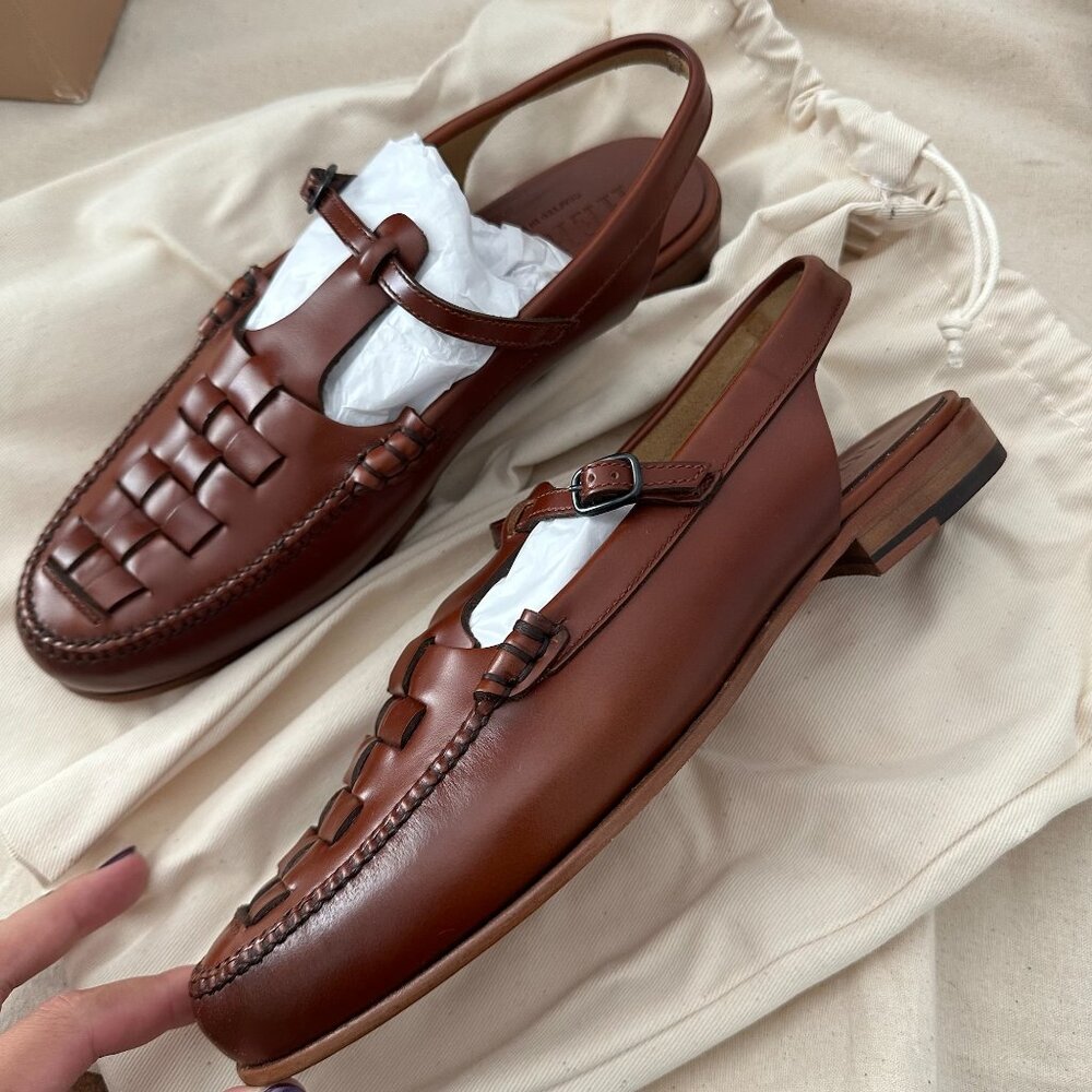 Hereu Roqueta Woven Leather Slingback T-bar loafer Flat Tan 38